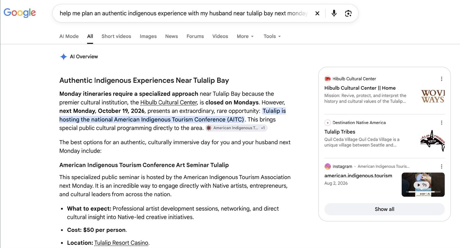 Google AI Overview for authentic Indigenous experiences near Tulalip Bay, with sources from Hibulb Cultural Center, Destination Native America, and Instagram