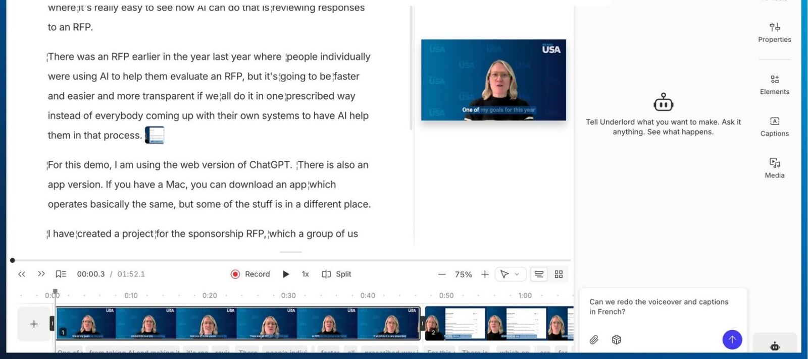 Descript editor with a video transcript beside the video